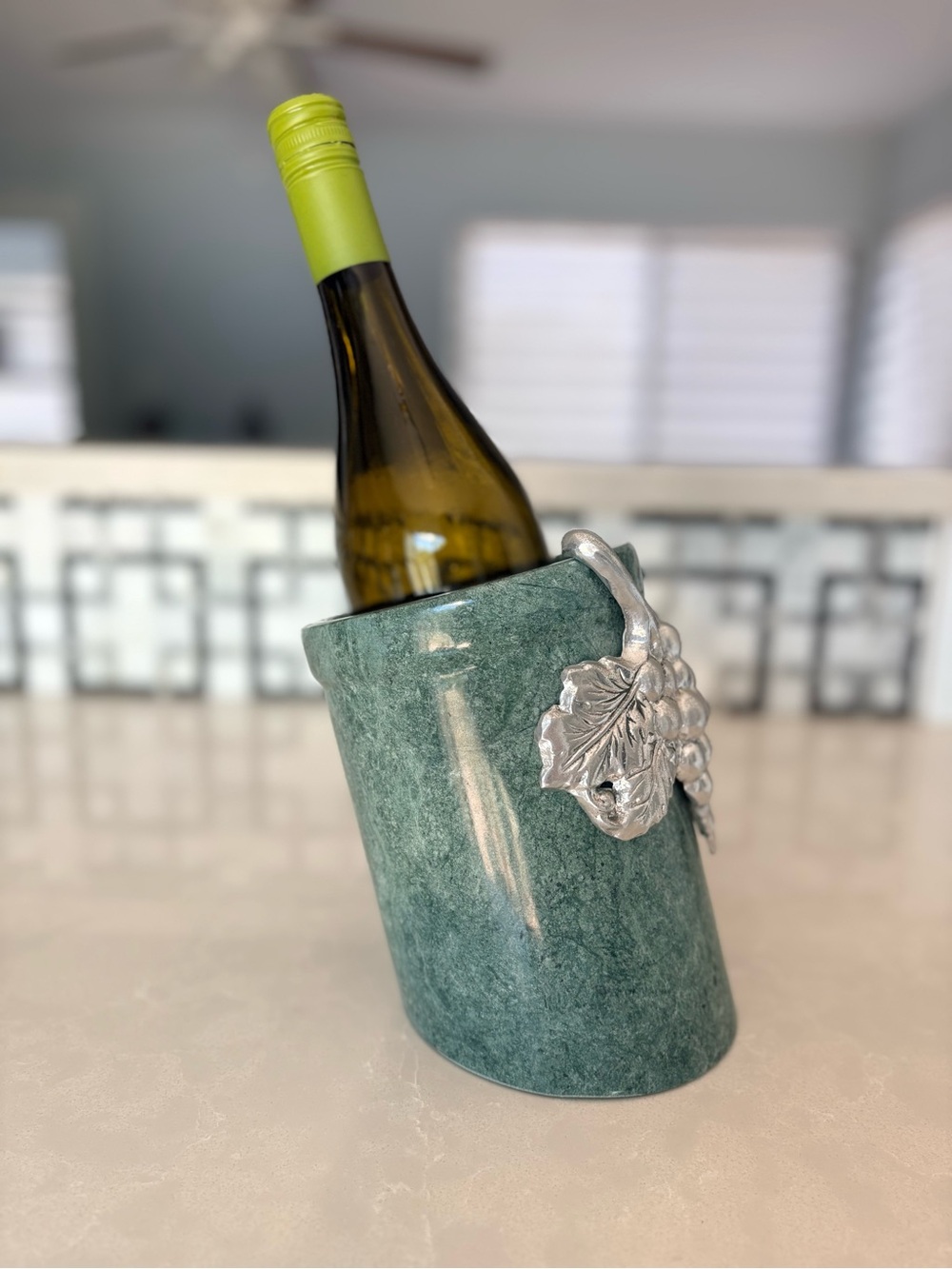 Vintage Angled Solid Green Marble & Pewter Wine Chiller | Grape Harvest Cooler - Picture 7 of 11